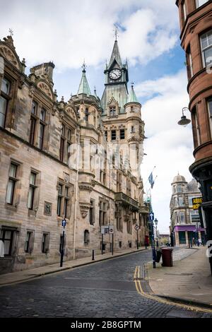 Street scene of buildings and clock tower in the ancient capital of Dunfermline; Kingdom of Fife; Fife; Scotland; UK; Europe Stock Photo