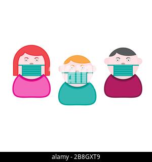 Icons of people in protective medical masks on a white isolated background. Vector image Stock Vector