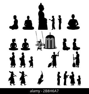 set of Buddha monk and Buddhism activities with black silhouette,vector illustration Stock Vector