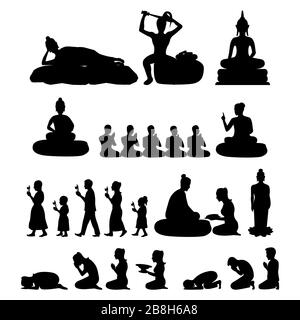 set of Buddha monk and Buddhism activities with black silhouette,vector illustration Stock Vector