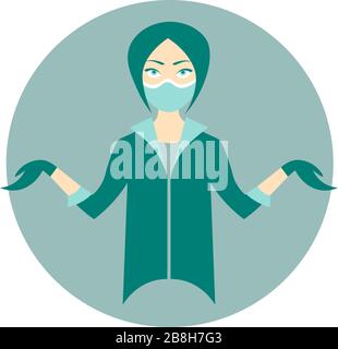 Colorful cartoon young female doctor in medical mask and rubber gloves shrugging shoulders Stock Vector