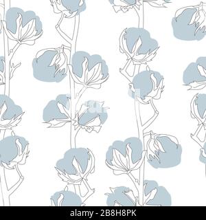 Light Blue Cotton Branches Line Drawing Seamless Vector Pattern on White Stock Vector