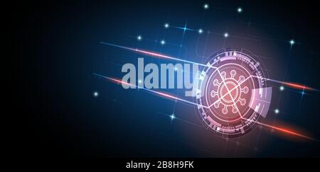 Glowing coronavirus icon with abstract technology background, circuit pattern and sparkle effect. Stock Vector