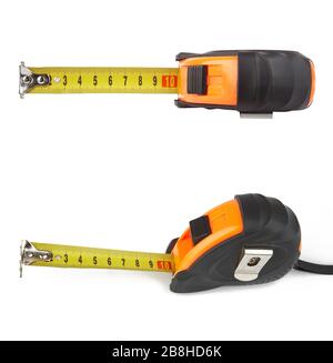 Yellow tape measure isolated on white background from above with clipping path & soft shadow. High Quality XXL.  ...more tools High Quality at my port Stock Photo