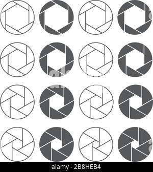 Camera shutter aperture icons set. Monochrome diagrams collection Stock Vector