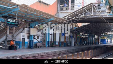 Deserted Dadar western railway station platform on first day of lock down in Mumbai due to Covid 19 pandemic. Corona virus outbreak in Mumbai. Stock Photo