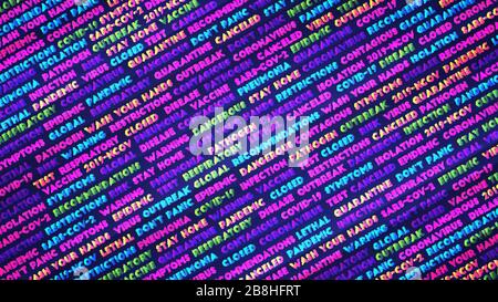 Main tags for coronavirus disease COVID-19. Vector illustration of glowing neon colored media news headlines for coronavirus infection Stock Vector