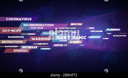 Breaking News background. The main tags for coronavirus disease COVID-19. Colorful stripes and dynamic wavy vivid lines with halftone world map Stock Vector