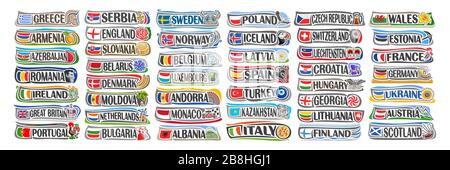 Vector set of European Countries with flags and symbols, 44 isolated horizontal labels with national state flags and brush font for different words, t Stock Vector