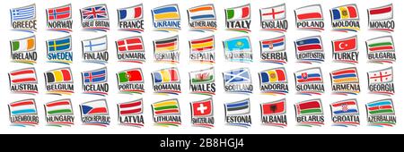 Vector set of European Countries Flags, 44 decorative isolated labels with national state flags and brush font for different words on white background Stock Vector