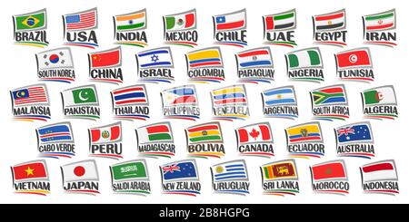 Vector set of American and Asian Countries Flags, 38 isolated labels with national state flags and brush font for different words on white background, Stock Vector