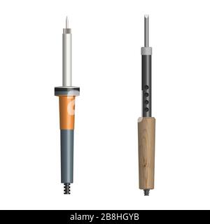Set of electric soldering iron with wooden and plastic handles isolated on a white background. Top view, vector illustration. Stock Vector