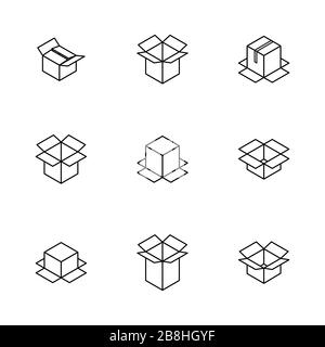 Set of different cardboard boxes from thin lines isolated on white background. Packaging design elements. Flat 3D isometric style, vector illustration Stock Vector