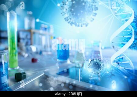 Medical science laboratory. Concept of virus and bacteria research using technology, tablet and software Stock Photo