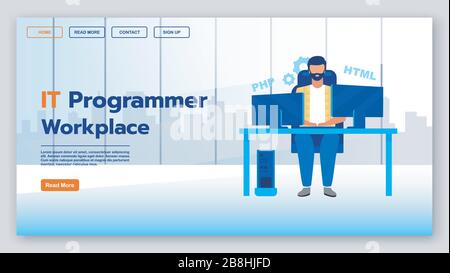 IT programmer workplace landing page vector template Stock Vector