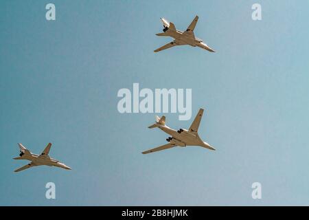 Moscow, Russia - May 04, 2018: Tupoloev Tu-160 and Tupolev Tu-22M-3 strategic bombers of Russian Air Force during Victory Day parade rehearsal. Stock Photo