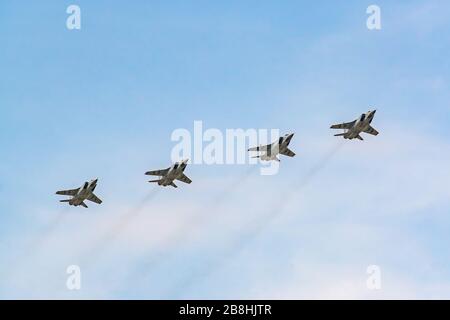 Moscow, Russia - May 04, 2018: Russian Air Force Mig-31 foxhound supersonic interceptor aircraft during Victory Day parade rehearsal Stock Photo