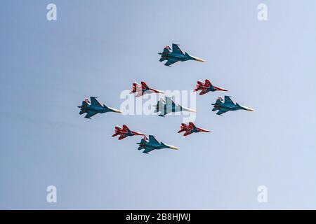 Moscow, Russia - May 04, 2018: Russian Air Force  SU-30 and MIG-29 aerobatic groups 'Russian Knights and Swifts aircraft during Victory Day parade reh Stock Photo