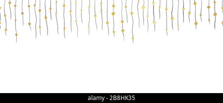 Golden hearts hanging from black strings seamless vector border. Isolated hand drawn metallic gold foil heart shapes on white background. For Stock Vector
