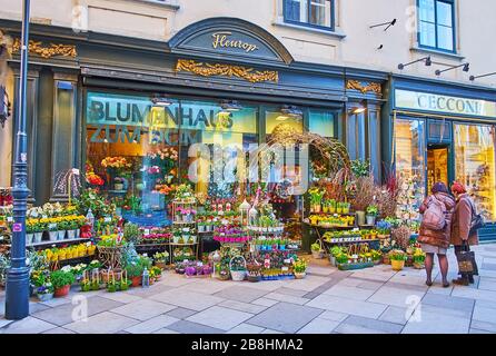 VIENNA, AUSTRIA - FEBRUARY 19, 2019: Flower shop with vintage showcase and large amount of bouquets and plants in pots in front of the entrance, locat Stock Photo