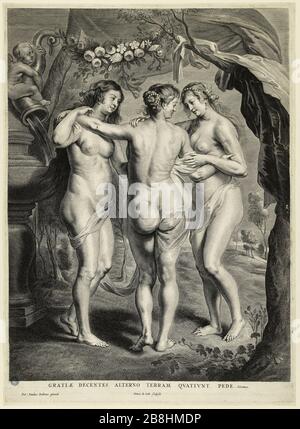 The Three Graces after Rubens Schelte Adams Bolswert (1581-1659). 'Les Trois Grâces', d'après Pierre-Paul Rubens (1577-1640). Gravure (burin). Musée des Beaux-Arts de la Ville de Paris, Petit Palais. Stock Photo