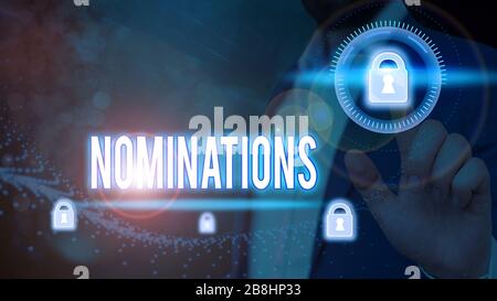 Handwriting text Nominations. Conceptual photo action of nominating or state being nominated for prize Stock Photo