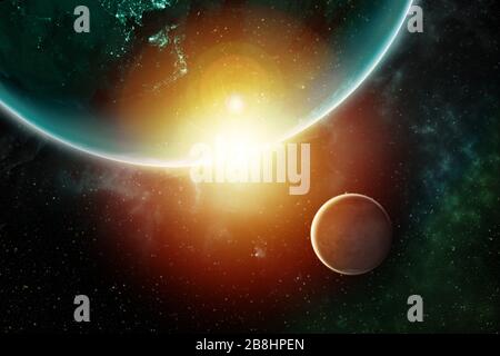 Mars and the Earth with colorful gases in the Universe Space with gases Elements of this image furnished by NASA