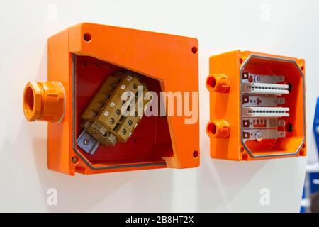 Wires and clam terminals to open the electrical distribution box. Industry Stock Photo