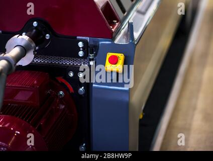 Big Red emergency button or stop button for manual pressing. STOP button for industrial equipment, emergency stop. Stock Photo