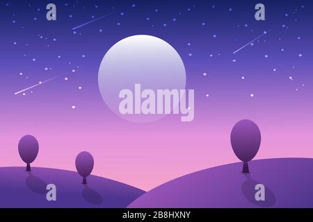 Beautiful night landscape scene with moon and stars on sky and hills and trees. Cartoon vector illustration of the abstract night scene Stock Vector