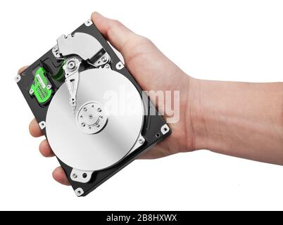 Hand and computer hard drive isolated on white background Stock Photo
