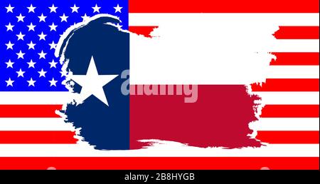 The flag of the USA state of TEXAS with a white grunge border set over the usa Stars and Stripes flag Stock Vector