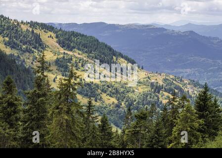 View from trail to Cascada Cailor - Horses Waterfall in Rodna National Park near Borsa resort in Rodna Mountains in northern Romania Stock Photo