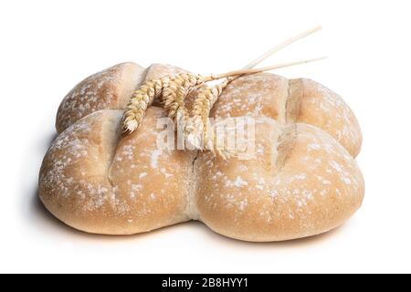 Wheat  bread rolls with ears isolated on white Stock Photo