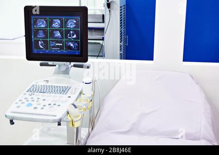 Medical devices for ultrasound examination and bed Stock Photo