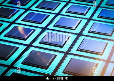 Quantum computer technology concept with 3d rendering cpu chips on board Stock Photo