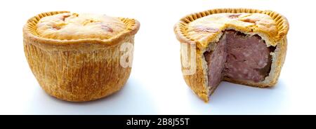 Two pork pies separately isolated on white, one whole and the other with a slice cut away. Stock Photo