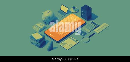 Smartphone apps and matching isometric objects: business management, banking and finance Stock Photo