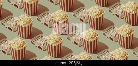 Cinema and movies entertainment background: repetition of popcorn boxes and 3D glasses Stock Photo
