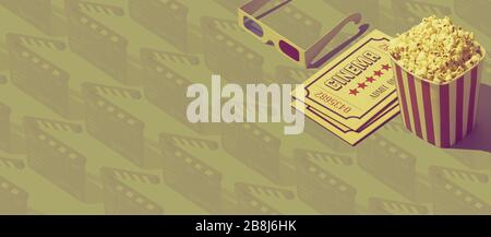 3D movies and cinema background with 3D glasses, tickets and popcorn Stock Photo