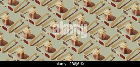 Cinema and movies entertainment background: repetition of popcorn boxes and 3D glasses Stock Photo