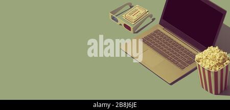 Online movies and cinema streaming banner with laptop, 3D glasses, popcorn and tickets Stock Photo