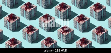 Gift boxes background with repetition of identical presents Stock Photo