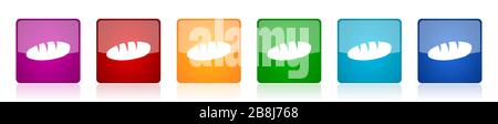 Bread icon set, colorful square glossy vector illustrations in 6 options for web design and mobile applications Stock Vector
