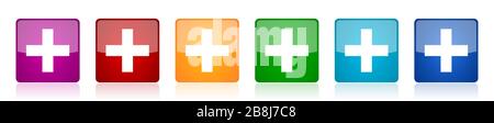 Plus icon set, colorful square glossy vector illustrations in 6 options for web design and mobile applications Stock Vector