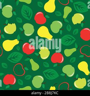 Apple and pear seamless pattern green background Stock Vector