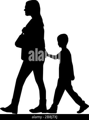 Walking mother and child sihouette illustration (side view) Stock Vector