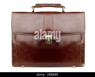 Red business briefcase isolated on white background. Material - skin. With clipping path. with details in highlights & shadows. Front view. Stock Photo