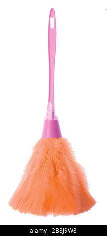Ostrich feather duster with wooden handle isolated on white background Stock Photo