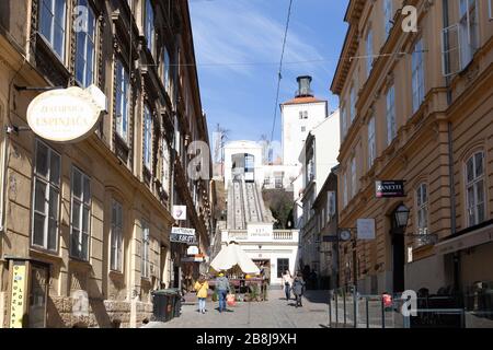 Zagreb, Croatia - 24 February 2019: Funicular and Lotrscak Tower Stock Photo